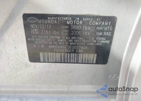 2014 Hyundai Elantra Se/Sport/Limited z USA, uszkodzony, nr VIN KMHDH4AE3EU037406